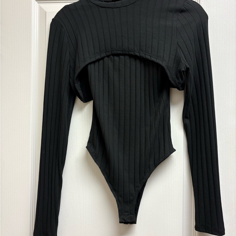 Black Ribbed Long Sleeve Bodysuit